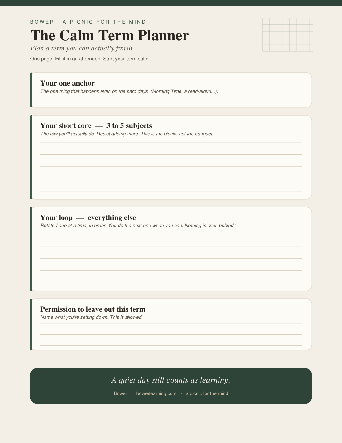 The Calm Term Planner — a one-page printable